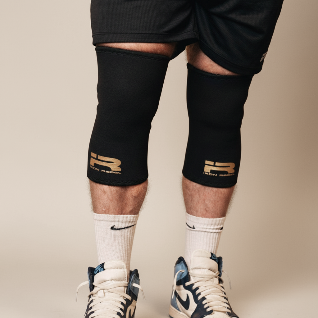 View of a lifter's knees wearing the black Iron Rebel PR Cone Knee Sleeves with a gold Iron Rebel logo, shown over white athletic socks and sneakers. These neoprene compression sleeves provide joint stability and support for squats, powerlifting, and intense gym workouts.